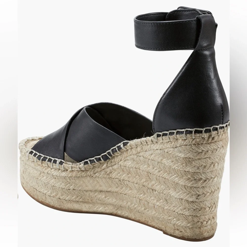 MARC FISHER ❤️‍🔥 BLACK LEATHER ESPADRILLE PLATFORM WEDGE NWT SIZE 10